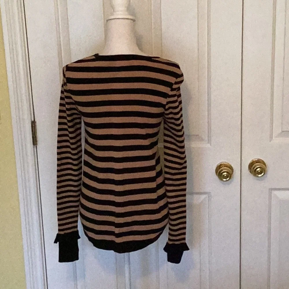 Cabi Black & Tan Striped Sweater w/ Ruffle on Cuff Top & Thumbhole Cuffs - Picture 6 of 9